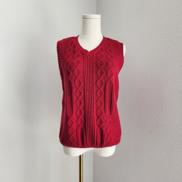 Vintage Red Cable Knit Cotton Sleeveless Sweater Vest L - Picture 1 of 9